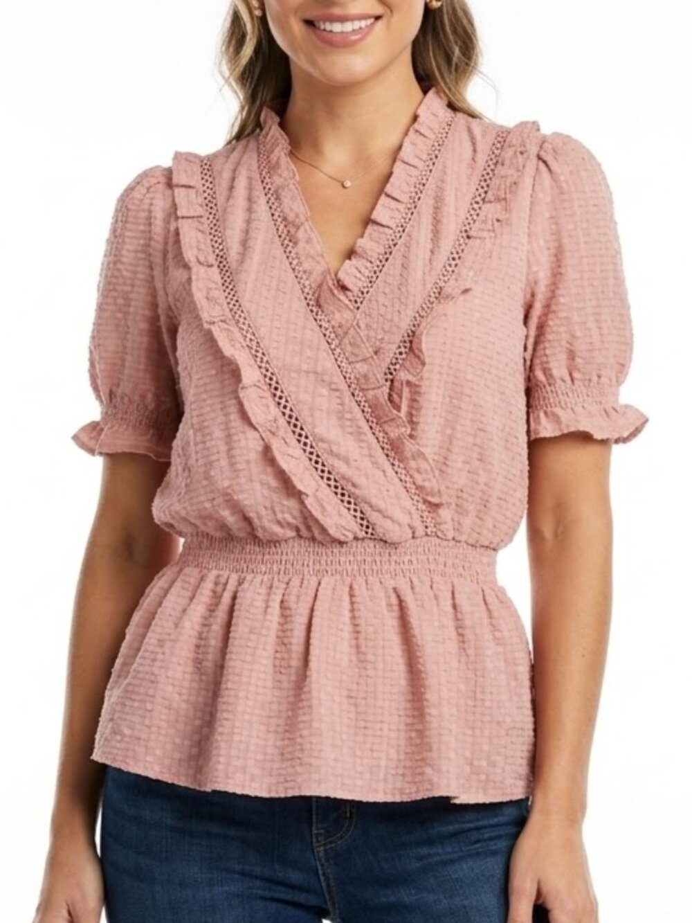 Sweet Wanderer Coquette Pink Textured Ruffle Wrap Blouse Small
